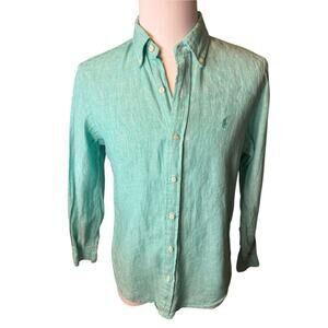 Ralph Lauren 100% Linen Teal Blue Button Down Long Sleeve Shirt Men’s Medium